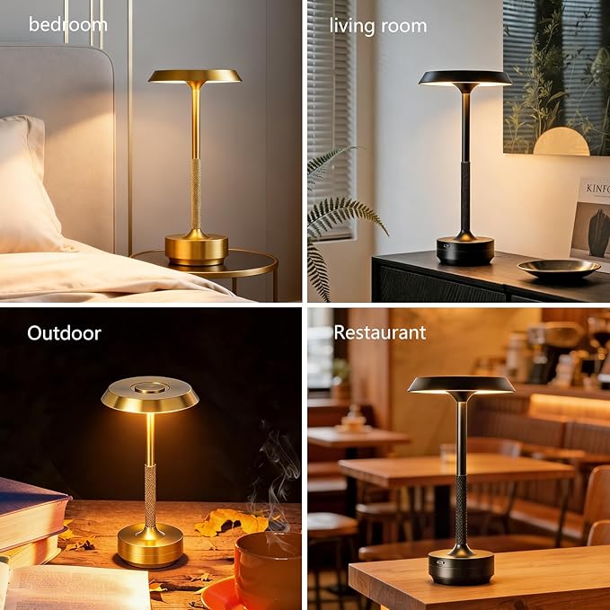Wireless Desk Lamp Rechargeable 5000mAh Battery Powered Lamp for Counter 3 Color Stepless Dimmable LED Wireless Light for Dining Room Kitchen Outdoor Terrace Support Touch Control (Black)