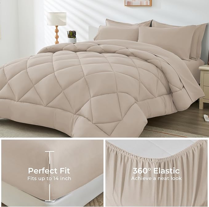 HEVUMYI Khaki Queen Comforter Set - 7-Piece All Season Bed in a Bag Queen, Ultra Soft Bedding Set with Comforter, Flat Sheet, Fitted Sheet, Pillowcases, Pillow Shams