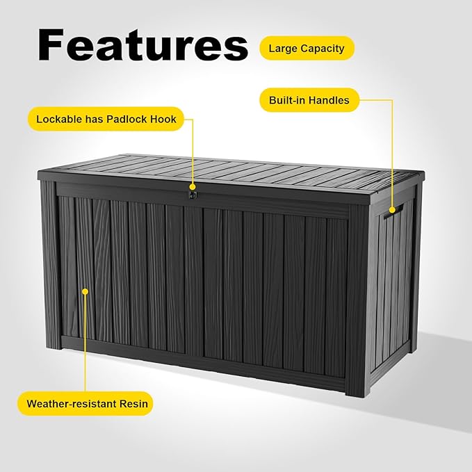 ROJIK 180 Gallon Outdoor Storage Box Waterproof-Patio Furniture Resin Deck Box, Garden Tools, Cushions, Pool Accessories Storage Bench with Lockable Lid and Side Handles (Black, 180 Gal)