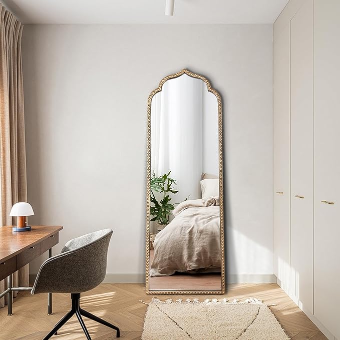 Large Gold Arched Mirror, 21"x64" Arch Standing Floor Mirrors for Dressing, Metal Beaded Frame Vintage Mirror, Scalloped Full Length Mirrors for Living Room Bedroom Hallway Entryway
