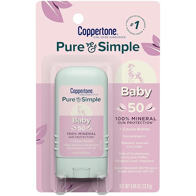 Coppertone WaterBabies Baby Sunscreen Spray SPF 50 (6 Oz) + Pure and Simple Baby Mineral Sunscreen Stick SPF 50 with Zinc Oxide, Tear Free (0.49 Oz) Hypoallergenic and Oxybenzone Free