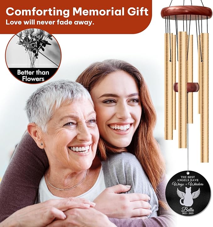 Personalized Cat Memorial Wind Chime – “The Best Angels Have Wings” Custom Engraved Name & Years – Pet Loss Sympathy Gift for Cat Lovers – Memorial Windchime for Friend Remembrance Décor