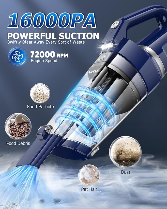 AHNR Handheld Vacuum Cordless, 16000PA Powerful Suction Hand Held Vacuum Dust Busters Cordless Rechargeable with LED Light & 2 HEPA Filters, Portable Car Vacuum Cleaner High Power for Car Home Office