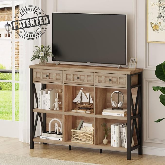 FATORRI Rustic 6 Cube Storage Organizer Shelf with 3 Drawers, Long Horizontal Bookshelf, Industrial Wood and Metal Cubby Bookcase for Living Room (Rustic Oak, 47 Inch)