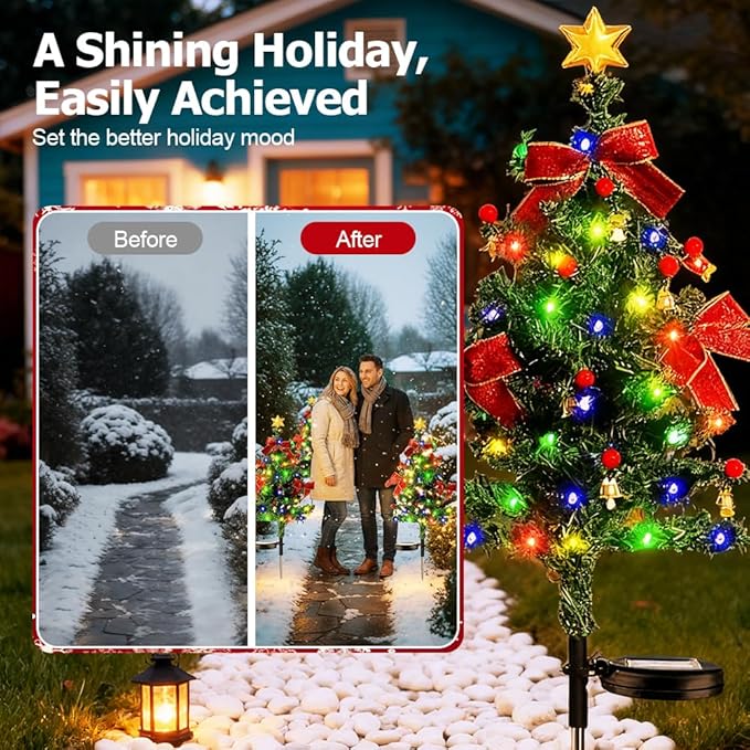 Solar Christmas Trees for Outside, Waterproof Solar Powered Christmas Tree Garden Stake Lights for Outdoor Pathway, Yard & Patio Holiday Decorations (3PC)
