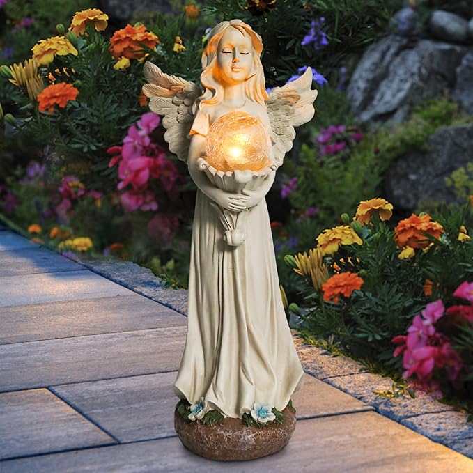Angel Statue for Garden - 16.3 inches Guardian Solar Garden Statue, Gardening Gifts for Mom Grandma Lawn Ornaments Figurines for Outdoor Decor