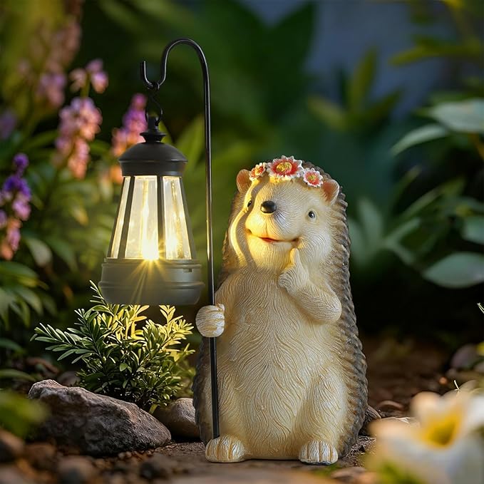 Garden Hedgehog Gnome Statue Decorations - Solar Resin Hedgehog with Solar Garden Lights Outdoor Decorations for Patio,Yard,Lawn,