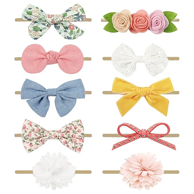 BQUBO Baby Girl Bows and Headbands Soft Nylon Hairbands Elastics Handmade Girls Flower Hair Accessories for Newborn Infant Toddlers Kids 10 Pack