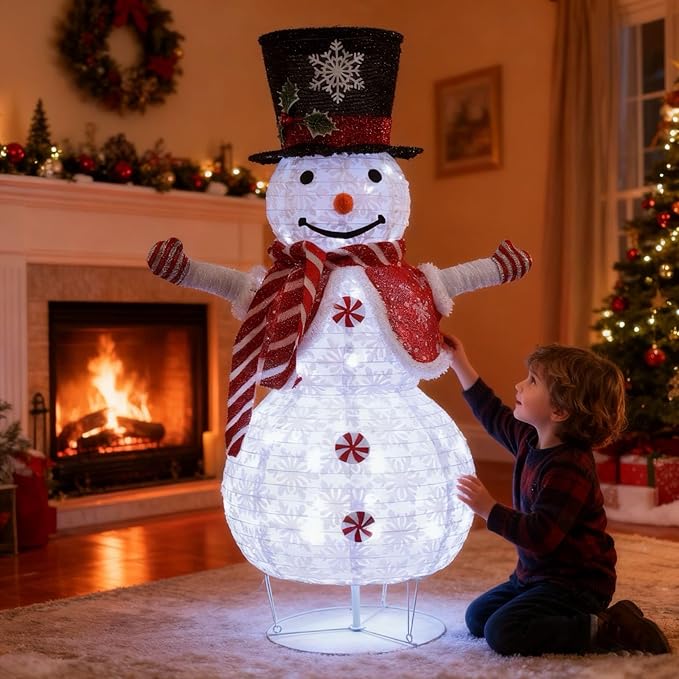 Snowman 3D Christmas Collapsible Decorations，Lighted Outdoor Xmas Large Snowman Garden Décor，Pre-Lit for Indoor/Outside Yard Holiday Decoration (red)