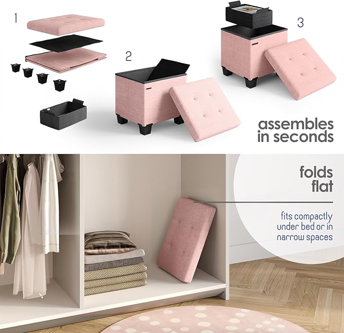 STORAGEBUD Storage Ottoman Cube with Small Bin, 16-in Square Ottoman with Storage for Living Room and Bedroom, Small Ottomans Foot Rest, Fabric Foot Stools Ottomans Max 330lbs, Pink