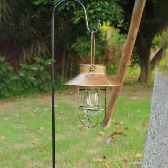 2 Pack Solar Lanterns, Outdoor Hanging Lights Metal with Shepherd Hook Warm White Edison Bulb Design for Garden and Birthday Gifts for Mom Grandma Wife ( Copper)