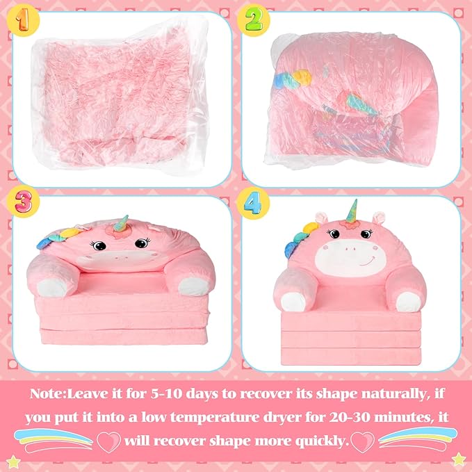 Unicorn Kids Couch Fold Out 2-in-1 Toddler Sofa Fold Out with Blanket, Soft Toddler Chair Comfy for Boys Girls Baby, Convertible Sofa to Lounger for Napping Reading Playing Christmas, Pink
