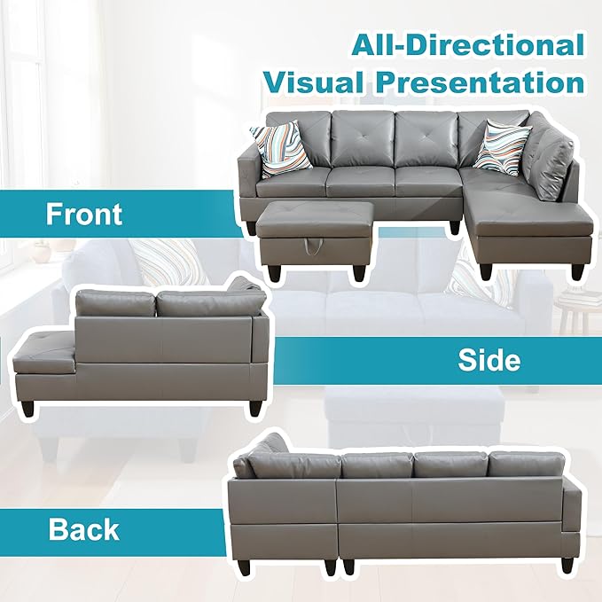 Couches for Living Room Faux Leather L Shaped Couch Comfy 3 Pieces Sectional Sofa with Chaise, Ottoman with Storage for Office and Small Apartment, Dark Grey