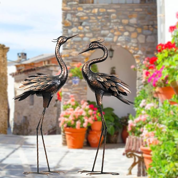 Shorayn Metal Crane Garden Statue, Garden Sculptures & Statues, Bronze Crane Ornaments Yard Art for Backyard Patio Lawn Decorations