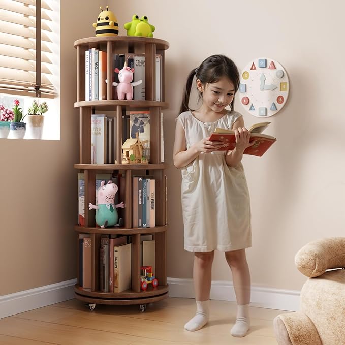 Solid Wood Rotating Bookshelf on Wheels, 4 Tier, Round Revolving Bookcase, 360° Spinning Book Shelf Tower for Kids, Narrow Rolling Bookshelves for Small Space, Corner, Bedroom, Office, Walnut