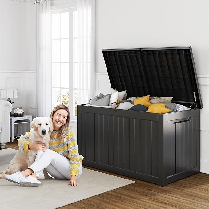 230 Gallon Resin Deck Box, Lockable Patio Outdoor Storage Box for Furniture, Garden Tools and Tools Storage, Waterproof Outside Storage Boxes - Black