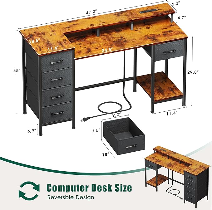 47 Inch Computer Gaming Desk with Power Outlets LED Lights Reversible Home Office with Adjustable Fabric Storage Drawers for Working Writing Study, Rustic Brown