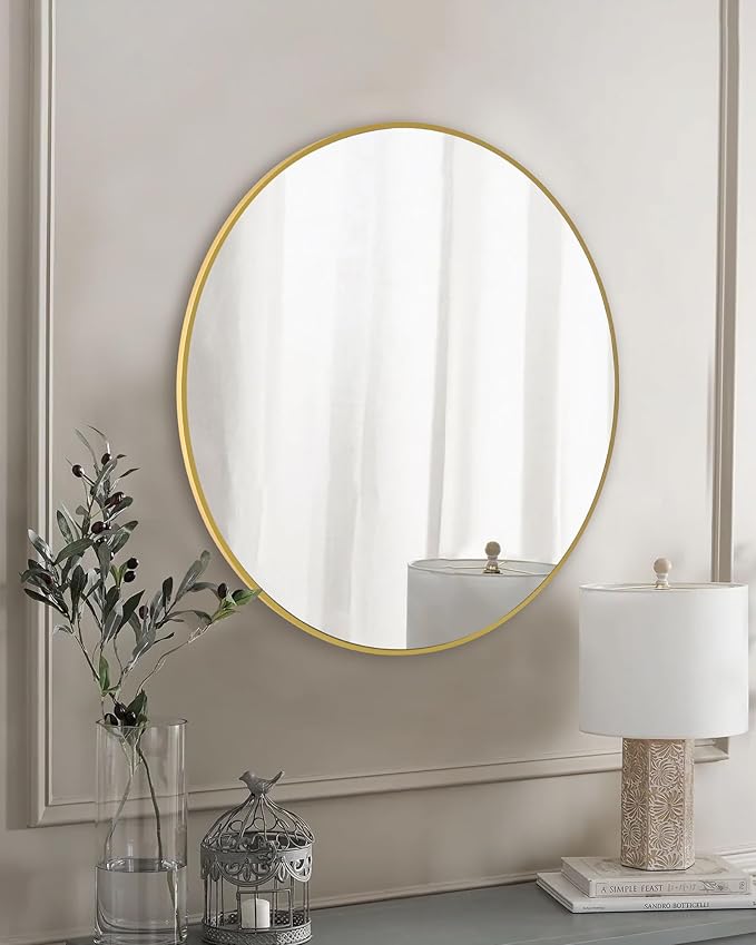 Gold Round Mirror,Bathroom 24 Inch Vanity Wall Mirror,Modern Circle Mirror for Wall,Wood Mirror for Bedroom Living Room Entryway