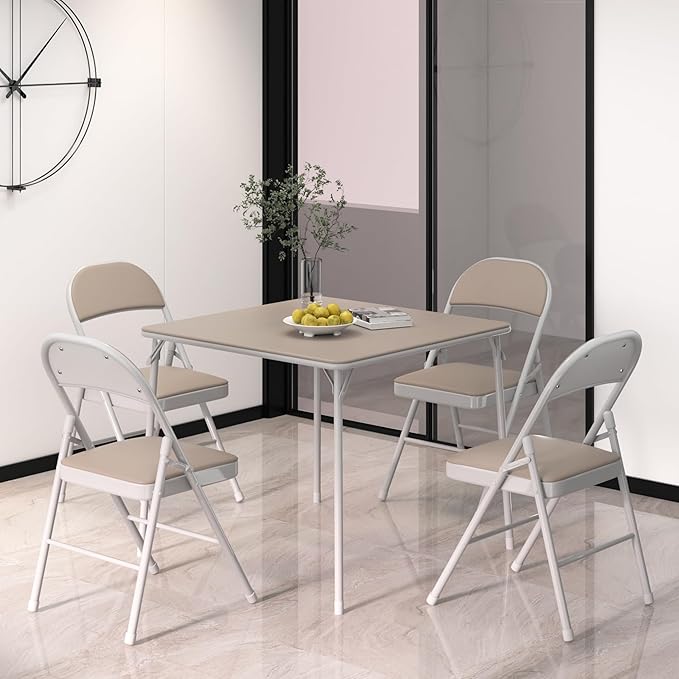 VECELO Portable Folding Card Table Square and Chair Set (5pc) with Collapsible Legs & Vinyl Upholstery, Metal, Beige