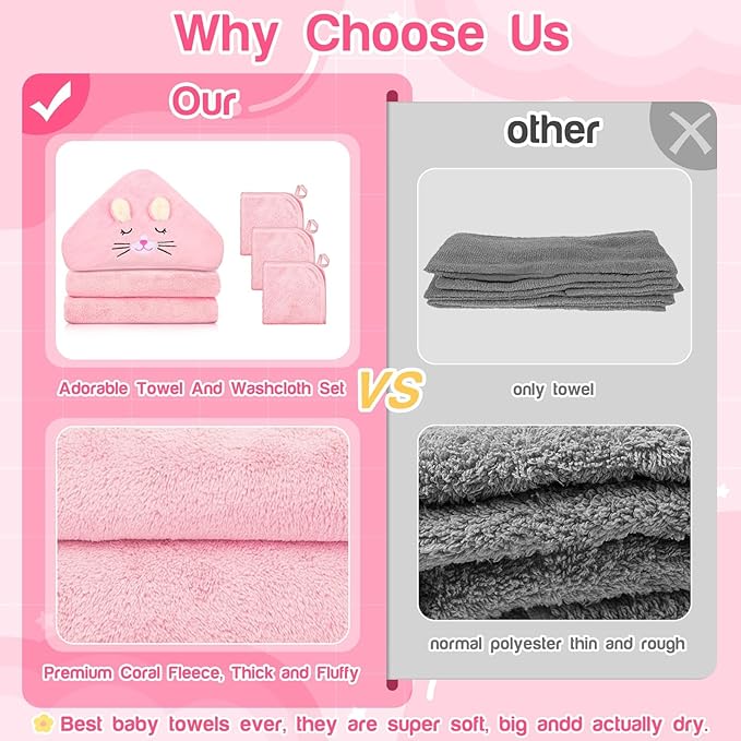 Sublaga 4 PCS Hooded Baby Towels, Absorbent Baby Bath Towel, Soft Baby Towels and 3 PCS Baby Washcloths for Newborns, Toddlers, and Kids, 32x32 in Baby Towel with Hood for Boy and Girl (Pink Kittens)