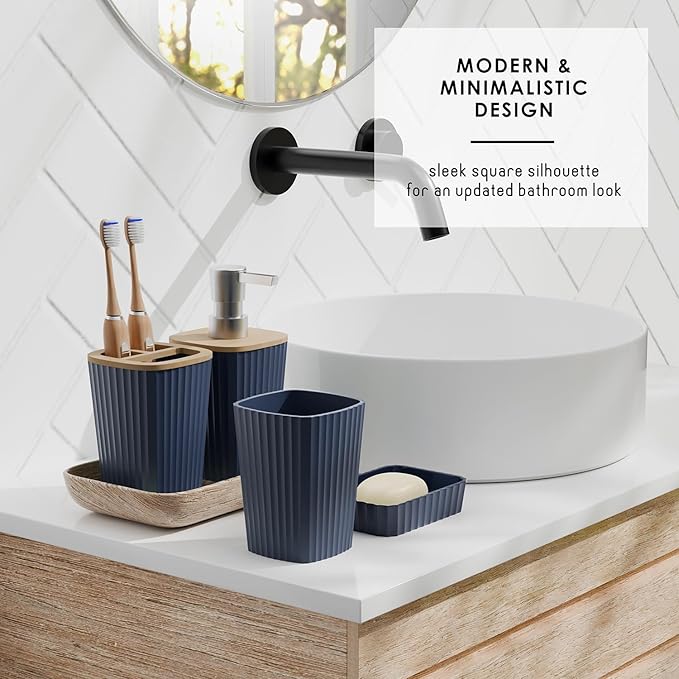 Clara Clark Bathroom Set - Navy Blue Bathroom Accessories Set, 6PC Bathroom Accessory Set, Bathroom Sets with Toilet Brush, Trash Can & Soap Dispenser
