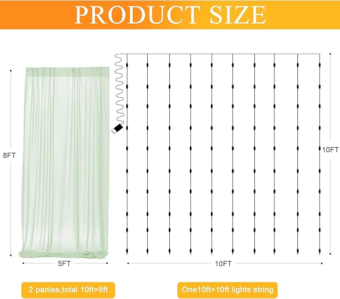 Fomcet Sage Green Tulle Backdrop Curtains with Lights String 10FT X 8FT Sheer Curtain with Lights Tulle Curtains Backdrop for Wedding Birthday Party Photo Shoot (2 Panels 5x8FT)