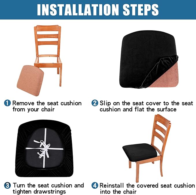 Smiry Velvet Seat Covers for Dining Room Chair Set of 4, Stretch Fit Removable Washable Chair Seat Cushion Protector Slipcovers with Ties, Grey