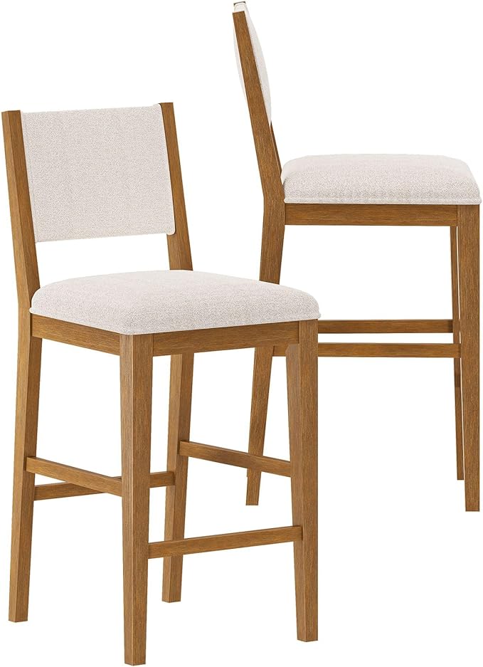 Plank+Beam Sereno Bar Stool, 30", Set of 2, Sturdy Wood Modern Kitchen Bar Height Stool, Upholstered Cushion Bar Chair with Back, Pecan/Ivory