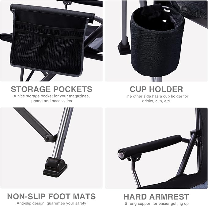 EVER ADVANCED Oversized Folding Camping Chair for Adults, Heavy Duty Lawn Chair with Side Pockets, Portable Collapsible Quad Chair for Outside, Support Up to 500lbs, Black 2PACK