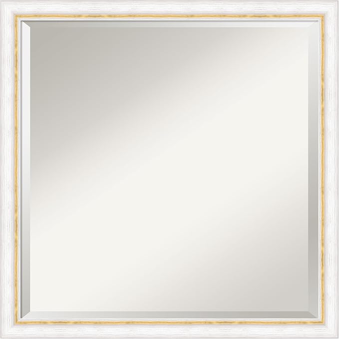 Amanti Art White Bathroom Mirror for Over Sink, 22x22 Morgan White Gold Square Vanity Mirror, Medium Modern Contemporary Wood Frame, Hangs Horizonally and Vertically, Bathroom Wall Decor, Beveled Edge