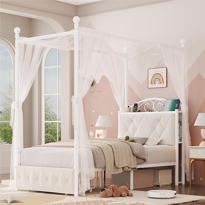 Keyluv Twin Upholstered Canopy Bed Frame with Drawer & Crystal Tufted Storage Headboard Metal Platform Bed with Charging Station & 4 Removable Posts No Box Spring Needed Curtain Not Included, Beige
