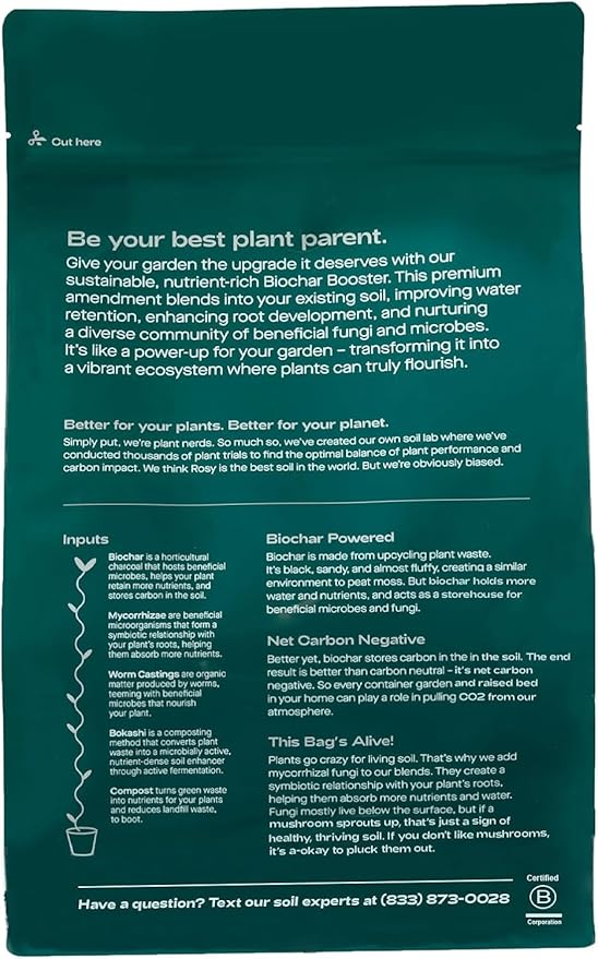 Rosy Soil Biochar Booster - Biochar Soil Amendment for Flowers and Vegetable Gardens - Horticultural Charcoal for Outdoor and Indoor Plants - Biochar Supplement for Potting Soil & Potting Mixes - 8qt