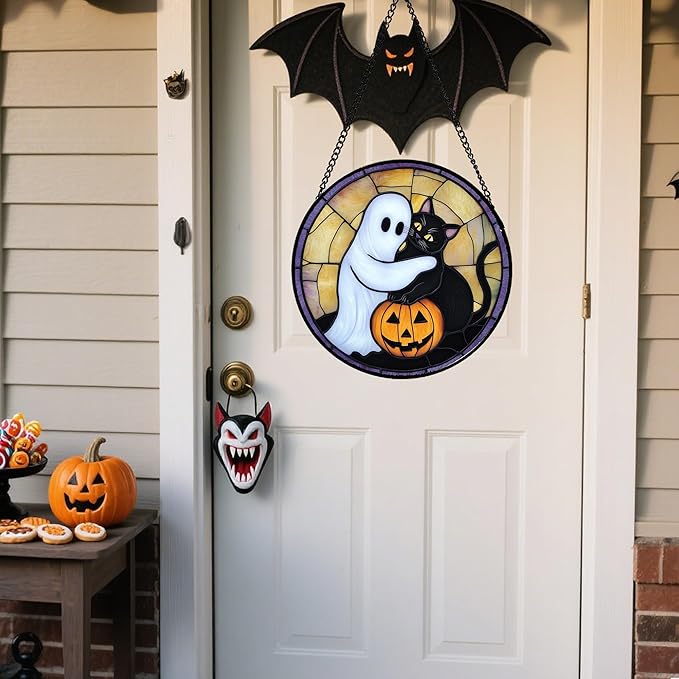 Stained Glass Window Hanging - Halloween Decorations Cute White Ghost Black Cat Suncatcher for Doors Garden Spooky Sun Catchers Gothic Decor Horror Gifts for Women Men Friend Boy 9.8 in