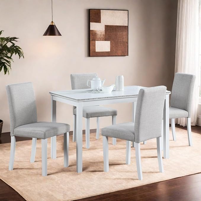 Dining Table Set for 4, 5-Piece Dining Room Table Set with Rectangular Crystal Decoration Table & 4 Upholstered Backrest Chairs, Counter Height Kitchen Sets with MDF Tabletop, White