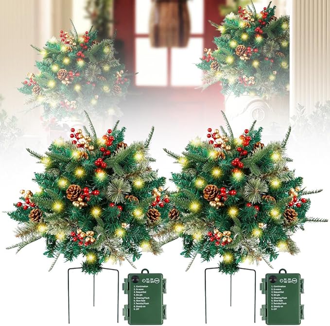2026 New Holiday Planter Filler, Upgrade Holidays Planter Lighted Artificial Christmas Urn Filler with Tripod Stake, Prelit Holidays Planter, Christmas Holiday Planter Filler Outdoor Decorations (1)