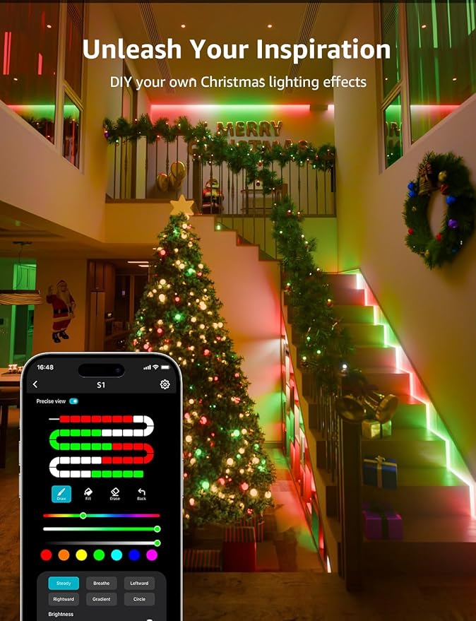 Lepro S1 AI LED Strip Lights for Christmas Decorations, 65.6ft Smart RGB Light Strips with IC and Rainbow Chasing Effects, Personalized Al Lighting Designer, No Remote, 2.4GHz Wi-Fi & Bluetooth