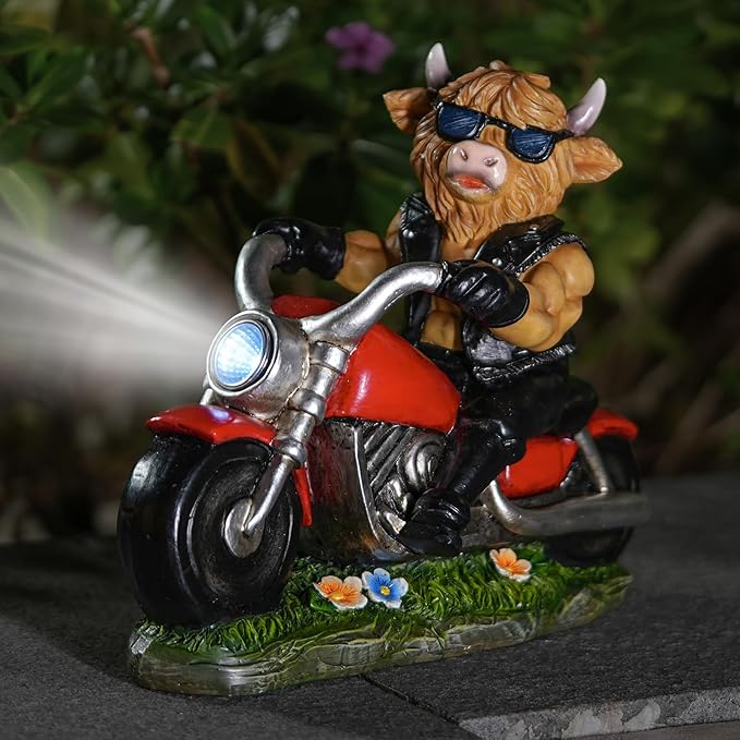 Decorative Highland Cow on Motorcycle Statue with LED Headlight - Rustic Outdoor Garden Ornament, Biker Cow Figurine for Yard, Patio, or Home Decor Gifts
