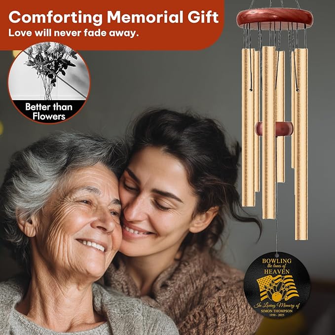 Personalized Bowling Memorial Wind Chime – “Bowling The Lanes of Heaven” Custom Engraved Name & Years – Sympathy Gift for Bowlers & Sports Lovers – Memorial Windchime Tribute for Loss of Loved One