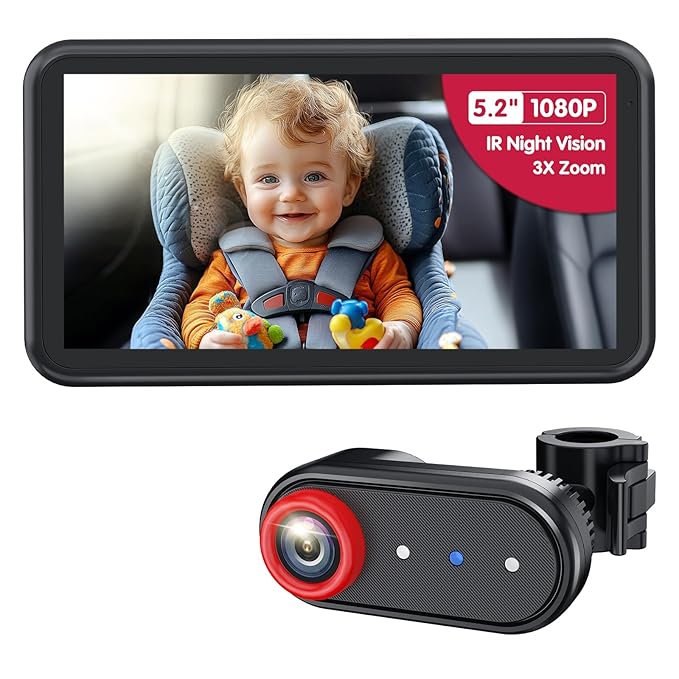 Luckview BM2A Baby Car Camera, Night Vision & 5.2" 1080P Display for Rear-Facing Car Seats, Easy No-Damage Install, Patented Anti-Shake Mount – Ideal for Parents and Pet Owners