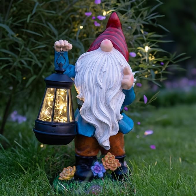 Solar Garden Statue Lights Gnome Figurine with Solar Lantern, Outdoor Garden Succulent Ornaments Waterproof, Fathers Day Mom Gifts for Outside Patio Yard Lawn Decor