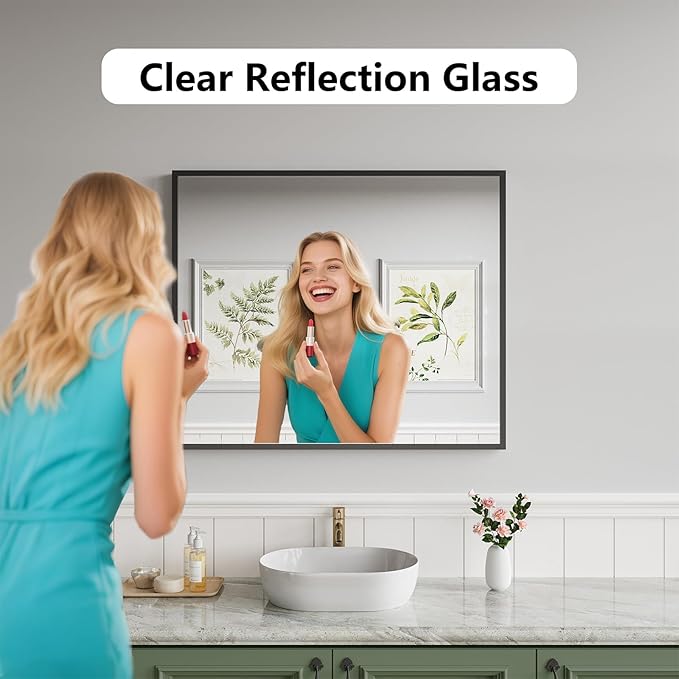 Koonmi Bathroom Mirror 30x36 Black Bathroom Wall-Mounted Mirrors, Modern Vanity Mirror for Bedroom, Living Room, Aluminum Alloy Frame Allow to Hang Horizontally or Vertically