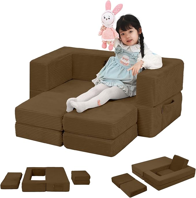 MeMoreCool Modular Kids Couch, Corduroy Play Toddler Couch for Bedroom Playroom Furniture, Convertible Foam Kids Sofa Bed, Fold Out Baby Sofa for Girl Boy, Brown