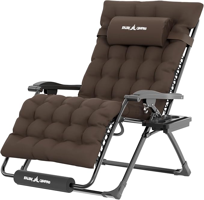 UDPATIO Oversized Zero Gravity Chair, 33In XXL Patio Reclining Chair with Cushion, Outdoor Folding Recliner with Pillows|Cup Holder|Foot Rest|Padded Headrest, Brown Grey, Support 500LB