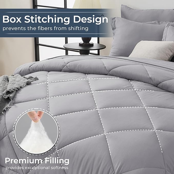 HEVUMYI Light Grey Full Comforter Set - 7-Piece All Season Bed in a Bag Full, Ultra Soft Bedding Set with Comforter, Flat Sheet, Fitted Sheet, Pillowcases, Pillow Shams, Light Gray