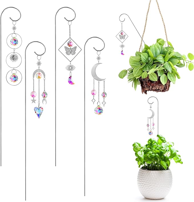 HDCRYSTALGIFTS 4 Pack Small Trellis with Crystal Sun Catchers for Potted Plants Decorations 13.5'' Indoor Plant Stake Suncatcher Accessories for Home Window Garden, Sliver