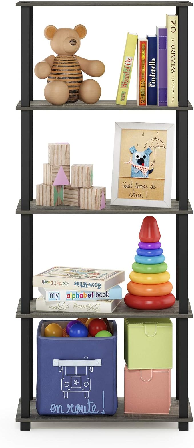 Furinno Turn-N-Tube 5-Tier Multipurpose Shelf / Display Rack / Storage Shelf / Bookshelf, Square Tubes, French Oak Grey/Black
