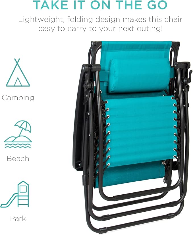 Best Choice Products Folding Zero Gravity Outdoor Recliner Patio Lounge Chair w/Adjustable Canopy Shade, Headrest, Side Accessory Tray, Textilene Mesh - Peacock Blue