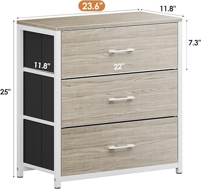 Nightstand, End Table, Bedside Table, Tall Fabric Dresser with 3 Drawer, White Drawers Small Chests of Drawers Organizer Storage Tower with Steel Frame, Wooden Top & Front for Bedroom