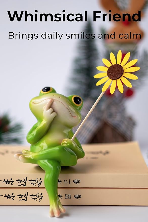 Frog Figurine, Whimsical Hand-Painted Resin Frog Statue with Flower and Flag, Shelf Decor for Living Room Desk Office, Charming Funny Frog Garden Decor, Frog Birthday Gift for Women