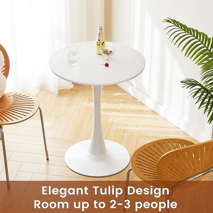 Round Dining Tulip Table for 2, Mid-Century Modern Table with Sturdy Metal Pedestal for Kitchen, Bistro, Cafe, Leisure (White, 24 INCH)